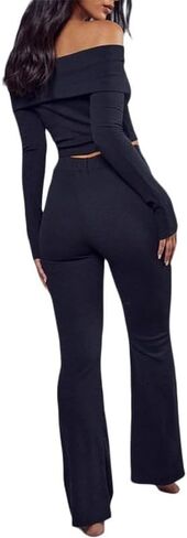 Sastianaen Women’s Basic 2 Piece Outfits Y2k Long Sleeve Crop Top and Low Waist Flare Pants Set Slim Lounge Yoga Tracksuit in Kuwait