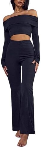 Sastianaen Women’s Basic 2 Piece Outfits Y2k Long Sleeve Crop Top and Low Waist Flare Pants Set Slim Lounge Yoga Tracksuit in Kuwait