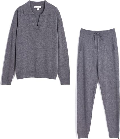 طقم بدلة رياضية نسائية منسوجة من الكشمير من GreenMount مكونة من قطعتين، بلوفر بولو عميق على شكل حرف V وبنطلون رياضي يحافظ على دفء 37.5 درجة (رمادي، L) in Kuwait