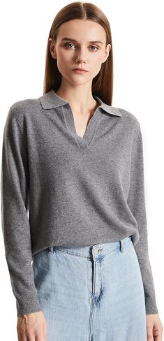 طقم بدلة رياضية نسائية منسوجة من الكشمير من GreenMount مكونة من قطعتين، بلوفر بولو عميق على شكل حرف V وبنطلون رياضي يحافظ على دفء 37.5 درجة (رمادي، L) in Kuwait