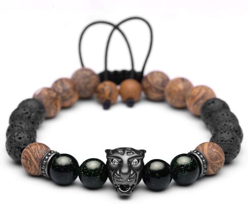 Karseer النمر الأسود القلق سوار الحمم الصخرية الضروري النفط الناشر سوار هدية للرجال والنساء، حجر الذهب الأخضر الطبيعي والخط الخرز الحجري سوار حجر الشفاء لتهدئة العواطف in Kuwait