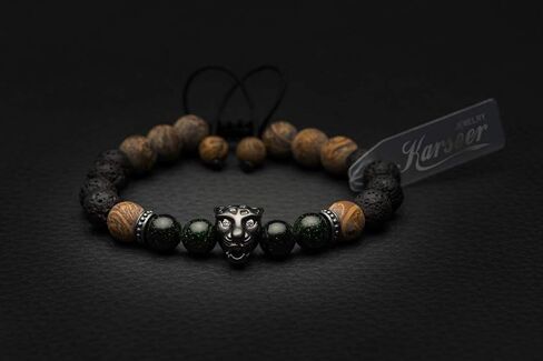 Karseer النمر الأسود القلق سوار الحمم الصخرية الضروري النفط الناشر سوار هدية للرجال والنساء، حجر الذهب الأخضر الطبيعي والخط الخرز الحجري سوار حجر الشفاء لتهدئة العواطف in Kuwait