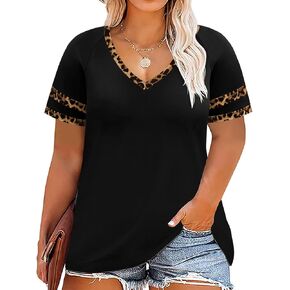 TIYOMI Plus Size Tops for Women Henley V Neck Short Sleeve Tunic Leopard Cheetah Color Block Tees Summer T Shirts