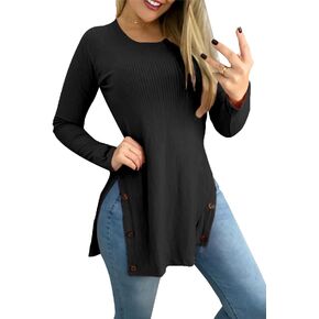 LYANER Women's Button Split Slit Sides Scoop Neck Long Sleeve Blouse Tunic Top