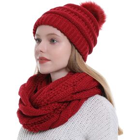 Womens Scarf Beanie Hat with Faux Fur Ball Set Thick Winter Cable Knitted Circle Loop Infinity Scarfs for Women