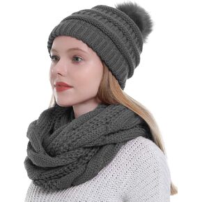 Womens Scarf Beanie Hat with Faux Fur Ball Set Thick Winter Cable Knitted Circle Loop Infinity Scarfs for Women in Saudi Arabia