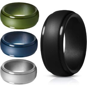 Mens Silicone Wedding Band, Rubber Rings for Him Women Couples Size 7 8 9 10 11 12 13, Step Edge Sleek Design 4 Pack