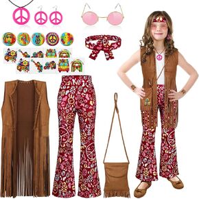 AOTHSO 22 Piece Girls 70s Hippie Costume Set Peace Sign Earring Necklace Headband Bag Tattoos for Hippie Halloween Costume in Kuwait