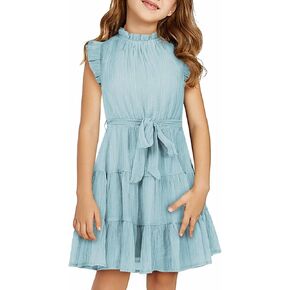 DOKOTOO KIDS Tween Girls Dresses Elegant Sleeveless Ruffle Flowy Dress with Belt 6-13 Years