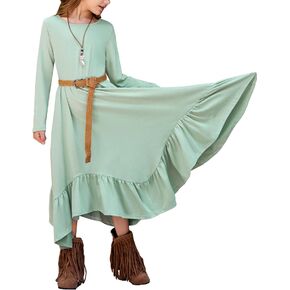 Arshiner Girls Long Sleeve Fall Dress Smocked Waist Round Neck Casual Maxi Western Dress for Kids 6-12 Years
