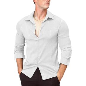ZSJR Men Metallic Satin Dress Shirt Luxury Jacquard Long Sleeve Casual Button Down Shirts Silk Shirts