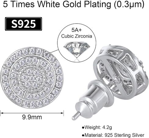 VEXXS S925 أقراط الماس للرجال، 14 قيراط مطلية بالذهب الحقيقي مثلج من الأقراط الصغيرة تمهيد 5A تشيكوسلوفاكيا أحجار الرجال ترصيع، 925 أقراط الفضة الاسترليني، أقراط مضادة للحساسية للرجال النساء الهيب البوب ​​أقراط ملابس الشارع in Kuwait