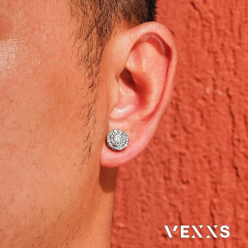VEXXS S925 أقراط الماس للرجال، 14 قيراط مطلية بالذهب الحقيقي مثلج من الأقراط الصغيرة تمهيد 5A تشيكوسلوفاكيا أحجار الرجال ترصيع، 925 أقراط الفضة الاسترليني، أقراط مضادة للحساسية للرجال النساء الهيب البوب ​​أقراط ملابس الشارع in Kuwait