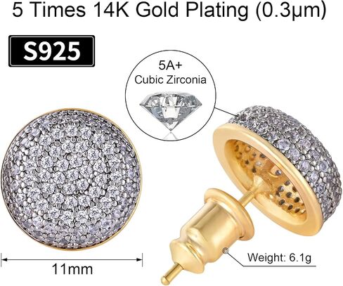 VEXXS S925 أقراط الماس للرجال، 14 قيراط مطلية بالذهب الحقيقي مثلج من الأقراط الصغيرة تمهيد 5A تشيكوسلوفاكيا أحجار الرجال ترصيع، 925 أقراط الفضة الاسترليني، أقراط مضادة للحساسية للرجال النساء الهيب البوب ​​أقراط ملابس الشارع in Kuwait