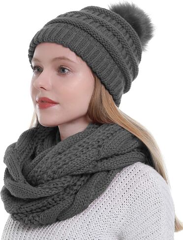 Womens Scarf Beanie Hat with Faux Fur Ball Set Thick Winter Cable Knitted Circle Loop Infinity Scarfs for Women in Kuwait