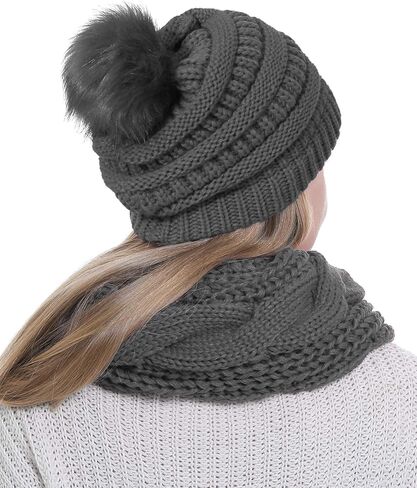 Womens Scarf Beanie Hat with Faux Fur Ball Set Thick Winter Cable Knitted Circle Loop Infinity Scarfs for Women in Kuwait