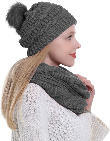Womens Scarf Beanie Hat with Faux Fur Ball Set Thick Winter Cable Knitted Circle Loop Infinity Scarfs for Women in Kuwait