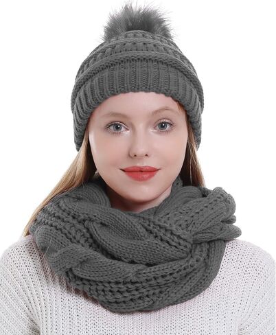 Womens Scarf Beanie Hat with Faux Fur Ball Set Thick Winter Cable Knitted Circle Loop Infinity Scarfs for Women in Kuwait