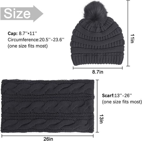 Womens Scarf Beanie Hat with Faux Fur Ball Set Thick Winter Cable Knitted Circle Loop Infinity Scarfs for Women in Kuwait