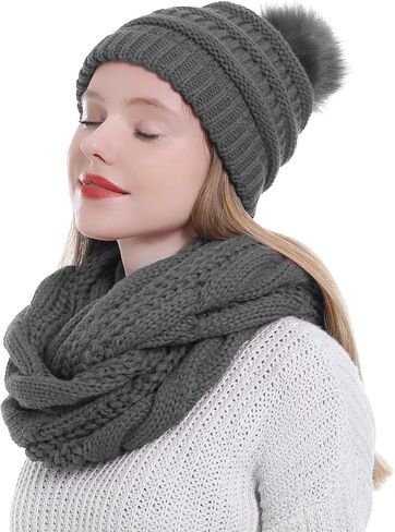 Womens Scarf Beanie Hat with Faux Fur Ball Set Thick Winter Cable Knitted Circle Loop Infinity Scarfs for Women in Kuwait
