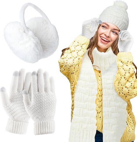 Women Winter Hats Scarf and Gloves Set for Women Including Ear Covers Cold Weather Glove Scarves Hats Knit Beanie Scarf Glove in Kuwait