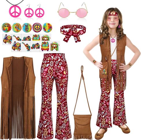 AOTHSO 22 Piece Girls 70s Hippie Costume Set Peace Sign Earring Necklace Headband Bag Tattoos for Hippie Halloween Costume in Kuwait
