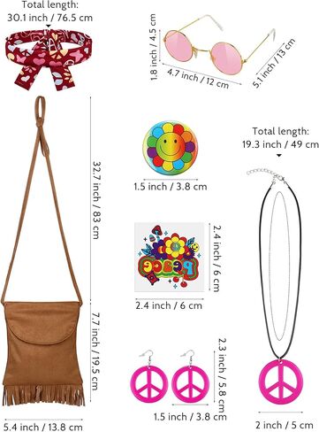 AOTHSO 22 Piece Girls 70s Hippie Costume Set Peace Sign Earring Necklace Headband Bag Tattoos for Hippie Halloween Costume in Kuwait