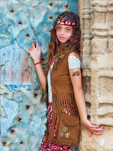 AOTHSO 22 Piece Girls 70s Hippie Costume Set Peace Sign Earring Necklace Headband Bag Tattoos for Hippie Halloween Costume in Kuwait