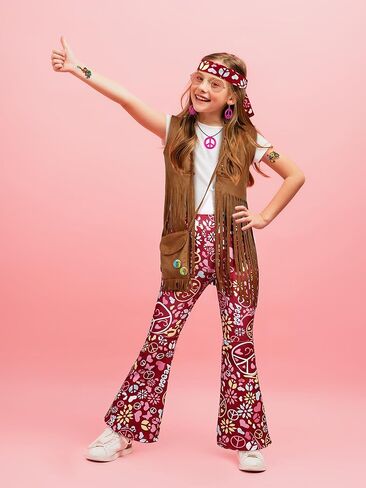 AOTHSO 22 Piece Girls 70s Hippie Costume Set Peace Sign Earring Necklace Headband Bag Tattoos for Hippie Halloween Costume in Kuwait