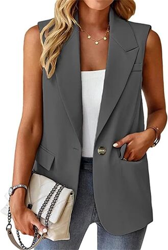 Women's Sleeveless Blazer Vest Open Front Lapel Office Casual Jacket Fashion Solid Color with Pockets One Button 2023 in Saudi Arabia