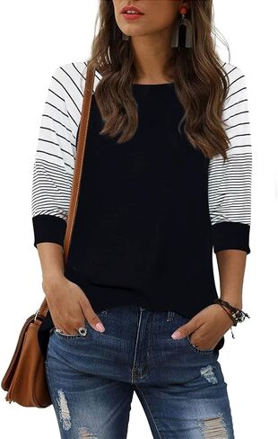 ReachMe Womens Striped 3/4 Sleeve Tops Casual Raglan Sleeve Shirts Round Neck Long Sleeve T Shirts Tee in Saudi Arabia
