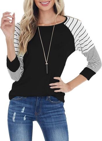 ReachMe Womens Striped 3/4 Sleeve Tops Casual Raglan Sleeve Shirts Round Neck Long Sleeve T Shirts Tee in Saudi Arabia