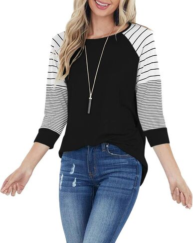 ReachMe Womens Striped 3/4 Sleeve Tops Casual Raglan Sleeve Shirts Round Neck Long Sleeve T Shirts Tee in Saudi Arabia