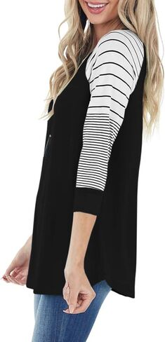 ReachMe Womens Striped 3/4 Sleeve Tops Casual Raglan Sleeve Shirts Round Neck Long Sleeve T Shirts Tee in Saudi Arabia