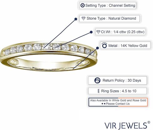 VIR JEWELS 1/4 carat (ctw) Diamond Wedding Anniversary Band for Women, Half Eternity Round Diamond Engagement Ring 14K Yellow Gold Channel Set 0.25 cttw, Size 4.5-10 in Saudi Arabia