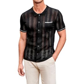 TURETRENDY Men's See Through Short Sleeve Knit Shirt Lapel Collar Stretch Lightweight Polo Shirts in Saudi Arabia