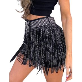 happlan Women's Rhinestone Fringe Mini Skirt with Belt