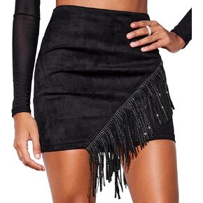 Cantonwalker Women's High Waist High Slit Tassel Bodycon Black Leather Mini Skirts