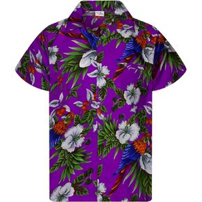 KING KAMEHA Funky Casual Hawaiian Shirt for Kids Boys and Girls Front Pocket Very Loud Shortsleeve Unisex Cherry Parrot Print