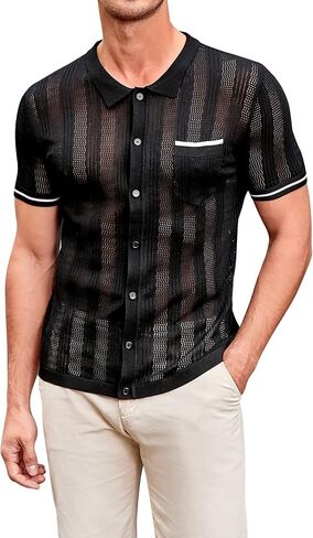 TURETRENDY Men's See Through Short Sleeve Knit Shirt Lapel Collar Stretch Lightweight Polo Shirts in Saudi Arabia