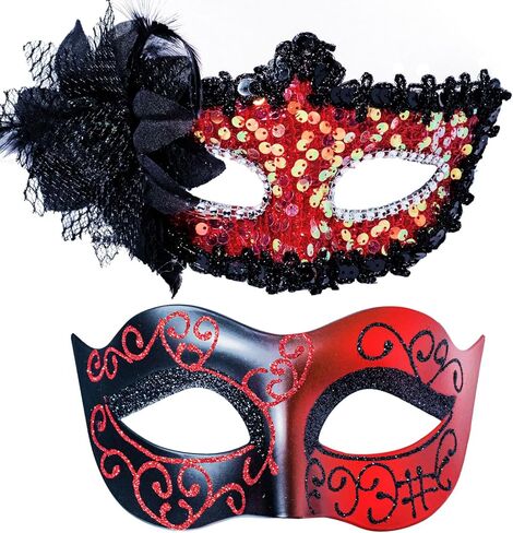 BCARICH Masquerade Mask Set for Couple, Women Mask with Sequins and Flower, Men Venetian Mask for Mardi Gras, Halloween in Kuwait
