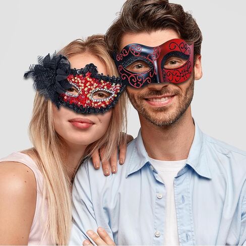 BCARICH Masquerade Mask Set for Couple, Women Mask with Sequins and Flower, Men Venetian Mask for Mardi Gras, Halloween in Kuwait