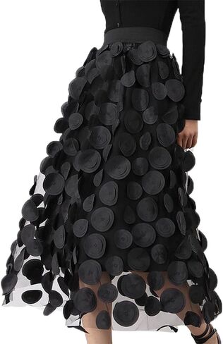 Women Tulle Midi Skirt High Elastic Waist 3D Polka Dot Mesh Skirt A-Line Layered Bubble Skirt Graduation Dress in Saudi Arabia