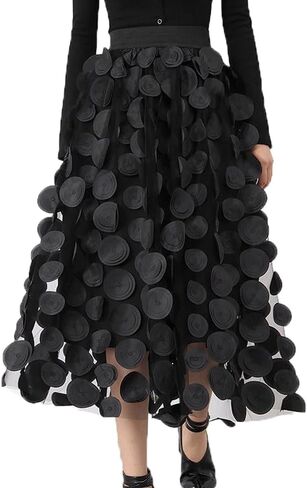 Women Tulle Midi Skirt High Elastic Waist 3D Polka Dot Mesh Skirt A-Line Layered Bubble Skirt Graduation Dress in Saudi Arabia