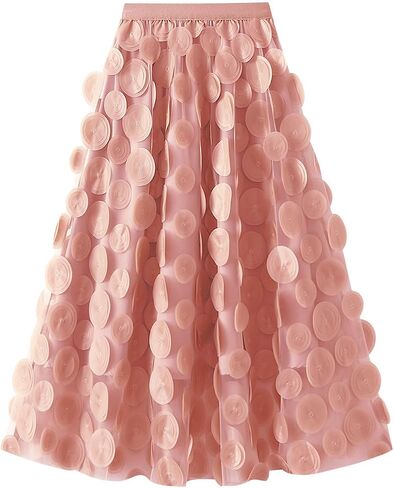 Women Tulle Midi Skirt High Elastic Waist 3D Polka Dot Mesh Skirt A-Line Layered Bubble Skirt Graduation Dress in Saudi Arabia