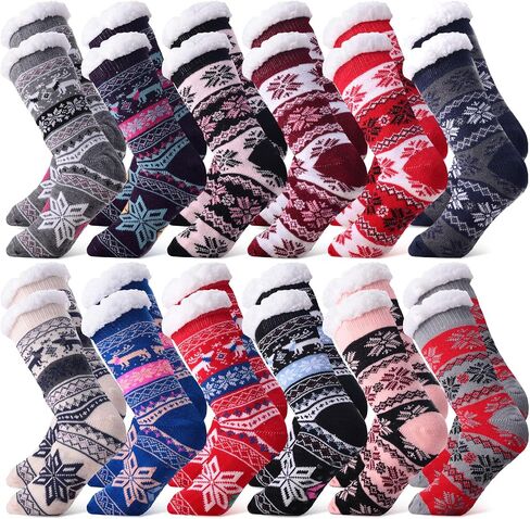 Liitrsh 12 Pairs Slipper Fuzzy Socks Thermal Cozy Slipper Socks Non Slip Winter Warm Soft Fluffy Socks for Winter Holiday Christmas Birthday Gift Women, 12 Styles in Saudi Arabia