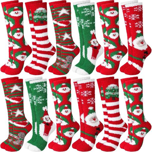 Suhine 12 Pairs Women's Christmas Socks Cartoon Fuzzy Socks Cute Winter Soft Cozy Warm Sleep Socks Colorful Xmas Holiday Slipper Socks for Girl Lady Women Multicolor, Calf Length, Classic Styles, One in Saudi Arabia