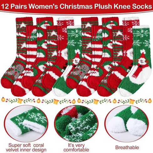 Suhine 12 Pairs Women's Christmas Socks Cartoon Fuzzy Socks Cute Winter Soft Cozy Warm Sleep Socks Colorful Xmas Holiday Slipper Socks for Girl Lady Women Multicolor, Calf Length, Classic Styles, One in Saudi Arabia