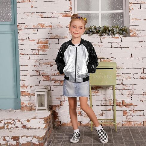 QPANCY Girls Sequin Jacket Kid lightweight Flight Jacket Zip Up Jacket in Kuwait