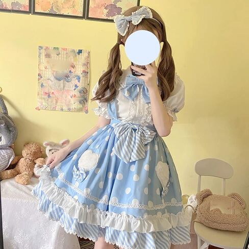 تنورة Boojze للفتيات المراهقات Kawaii منقط على الطراز الياباني تنورة بحمالات عالية الخصر من لوليتا in Kuwait
